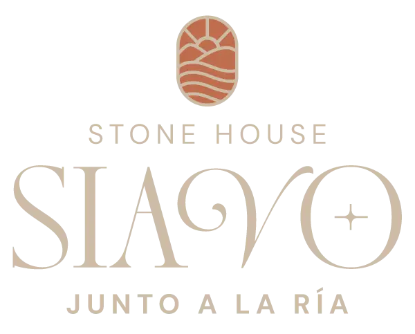 logo de la marca siavo con el isotipo en la parte superior representando las rias bajas en diseñado en color terracota y arena