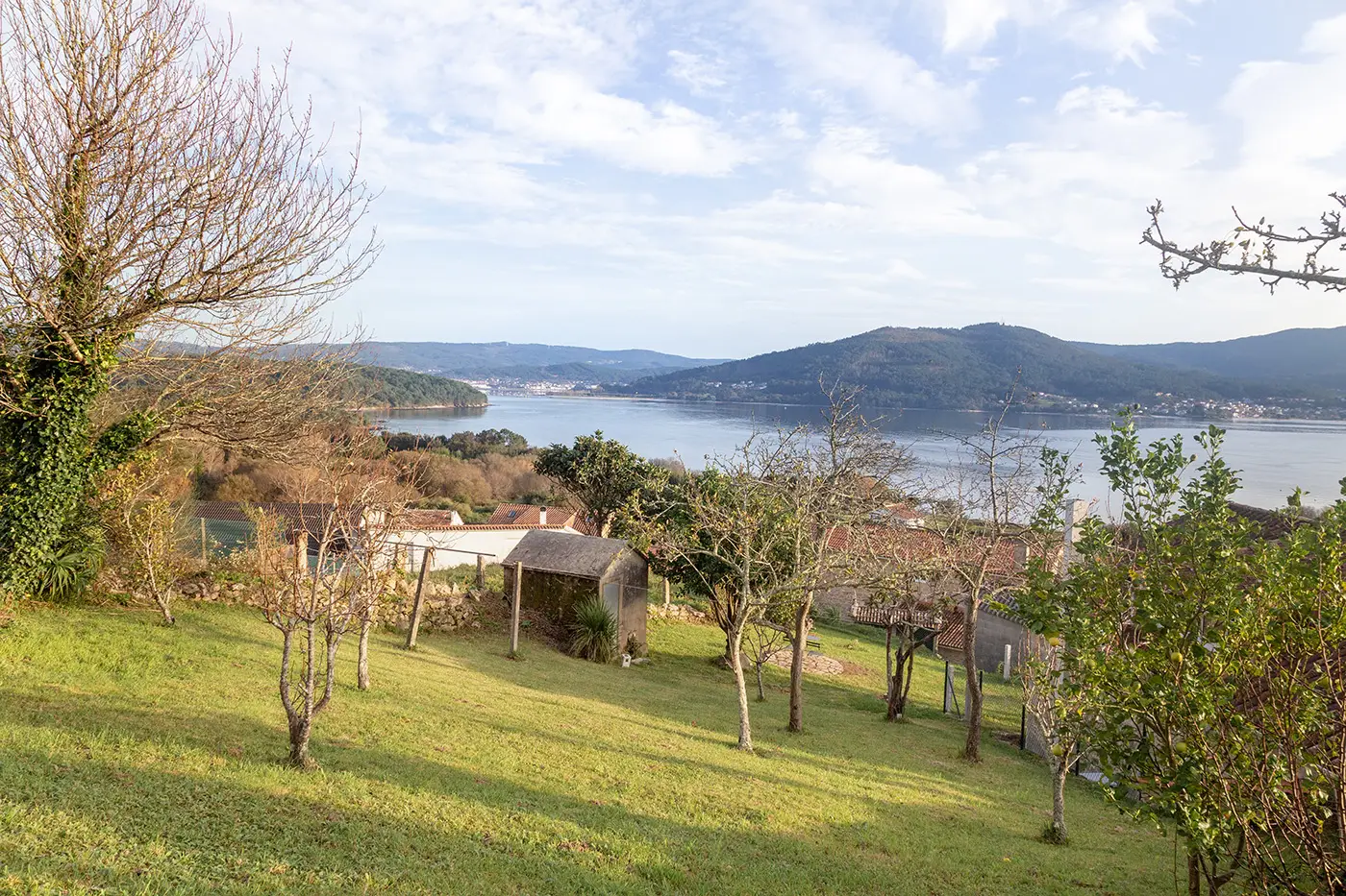 Vista desde el jardín del mar con un horizonte despejado y montaña un paisaje tranquilo y naturaleza