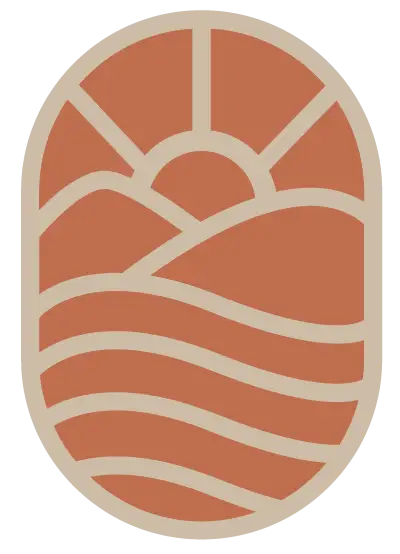 Isotipo de Siavo con diseño minimalista en color terracota y bordes color arena representando el sol y las rias baixas